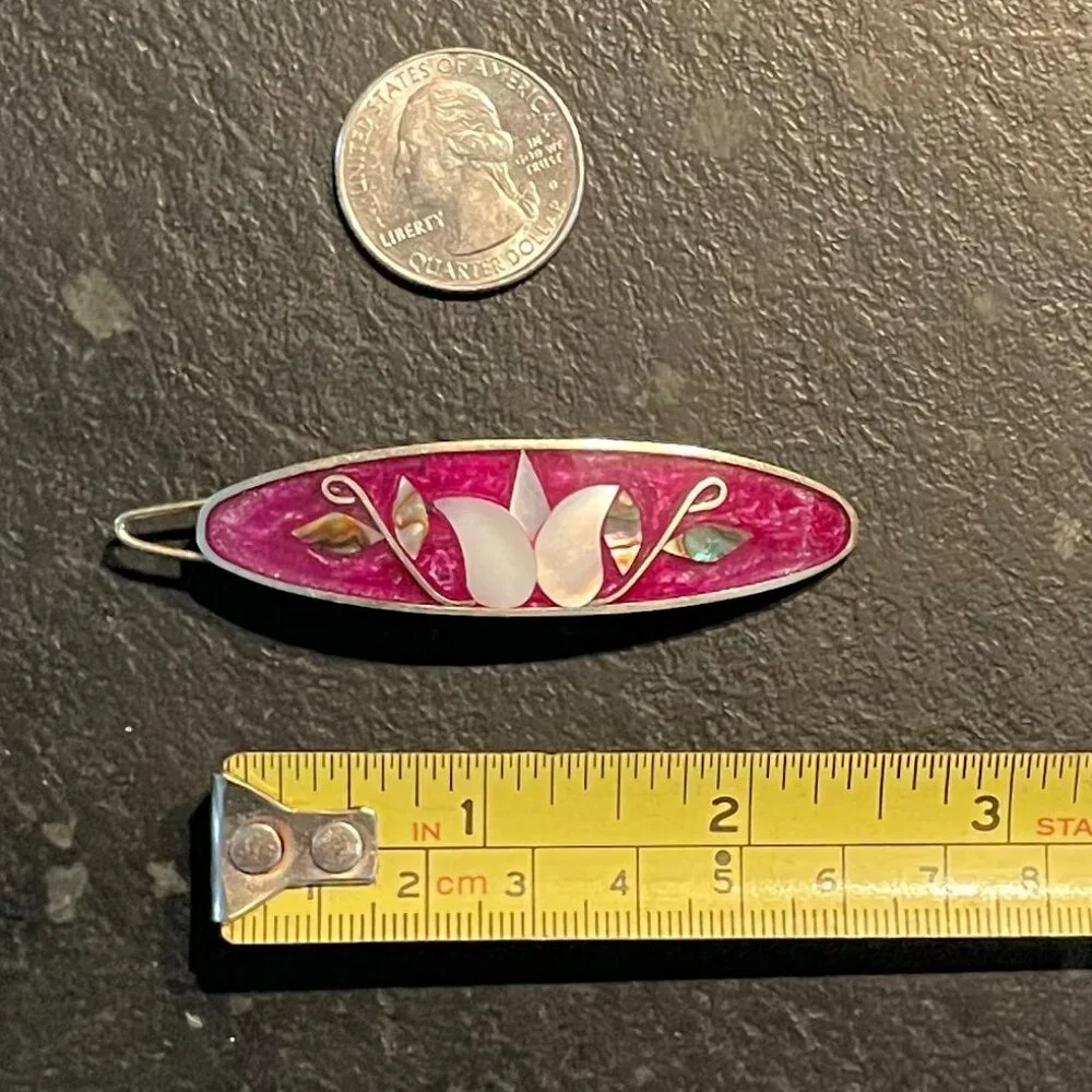 Fuschia and White Mother-of-Pearl and Abalone Inlaid Hair Barrette - Picture 2 of 5